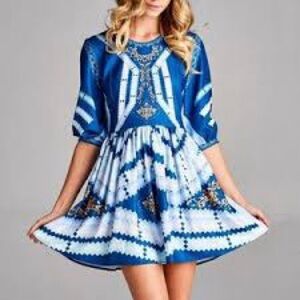 Paper Racine Elegant Blue Patterned Dress NWT Size L A007